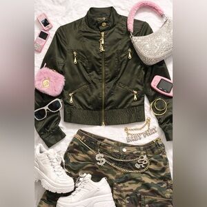 Baby Phat Olive Green Satin Y2K Bomber Jacket with Gold Hardware